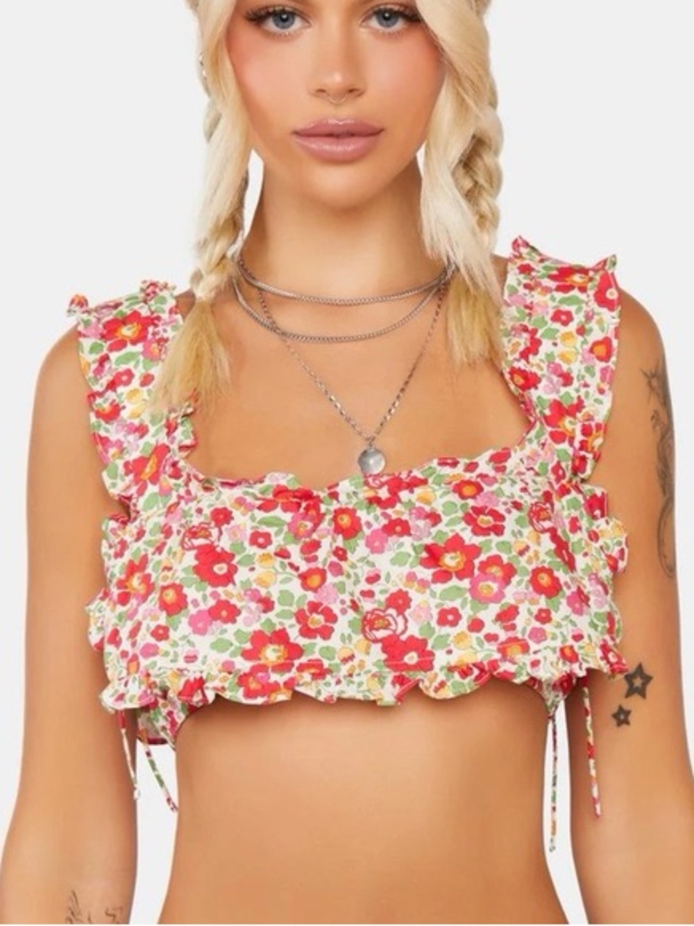 For Love And Lemons Floral Ruffle Crop Top in Multi Pink and Green